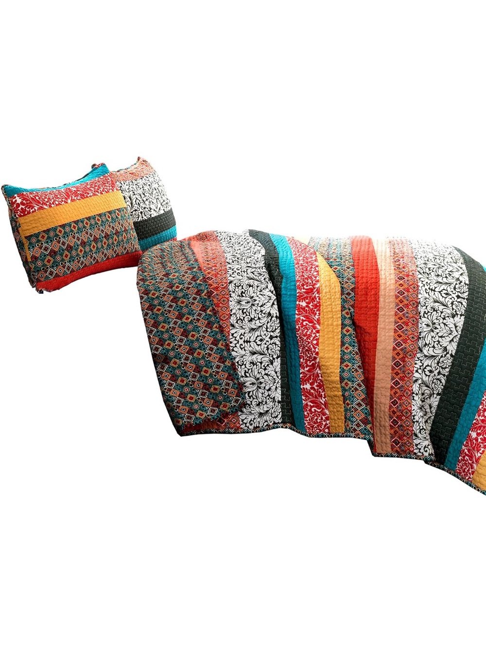 Lush Decor Boho Stripe Reversible Cotton Quilt Set - Bold Colorful Bohemian Bed